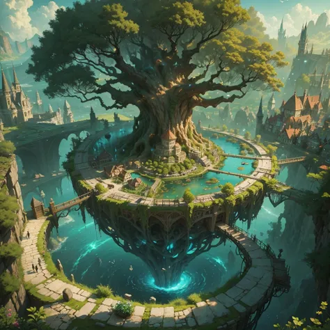 ((fanciful))the farthest aerial view, an island in the sea, there is a giant tree as big as the world on the island, here are th...