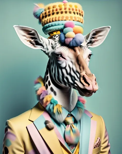 photographic portrait, a giraffe sitting at a computer dressed in a yellow suit and a light turkish colorful hat, pompoms on the...