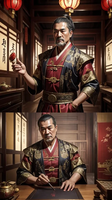 oriental、Middle-aged man wearing ancient Chinese clothes、ancient chinese hairstyle middle age、three kingdom、multiple warlords、top-quality、​masterpiece、超A high resolution、(Photorealsitic:1.4)、Game Posters、Inside the building、