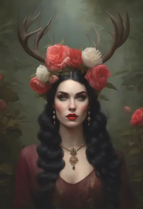 painting of a woman with a deer and flowers in her hair, tom bagshaw style, tom bagshaw artstyle, Tom Bagshaw вдохновил, portrait of Tom bagshaw, Artstyle: Tom Bagshaw, in tom bagshaw style, in the tom bagshaw style, Артгерм и Tom Bagshaw, tom bagshaw styl...