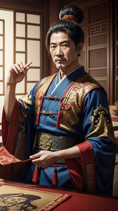 oriental、Middle-aged man wearing ancient Chinese clothes、ancient chinese hairstyle middle age、three kingdom、multiple warlords、top-quality、​masterpiece、超A high resolution、(Photorealsitic:1.4)、Game Posters、Inside the building、