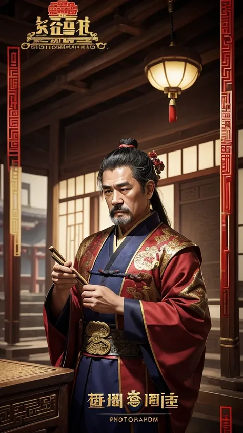 oriental、Middle-aged man wearing ancient Chinese clothes、ancient chinese hairstyle middle age、three kingdom、multiple warlords、top-quality、​masterpiece、超A high resolution、(Photorealsitic:1.4)、Game Posters、Inside the building、