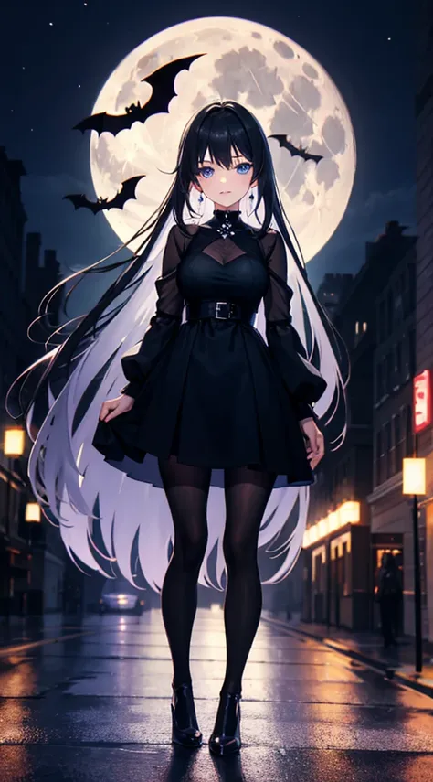 1girl, black very long hair, blue eyes, black modern dress, medium breasts, tights, night, city, full moon, dark atmosphere, mysterius atmosphere, bats,