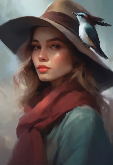 picture of a girl in a hat and scarf with a bird on her shoulder, artwork in the style of guweiz, beautiful character painting, guweiz, beautiful illustration,   ross tran 8 k