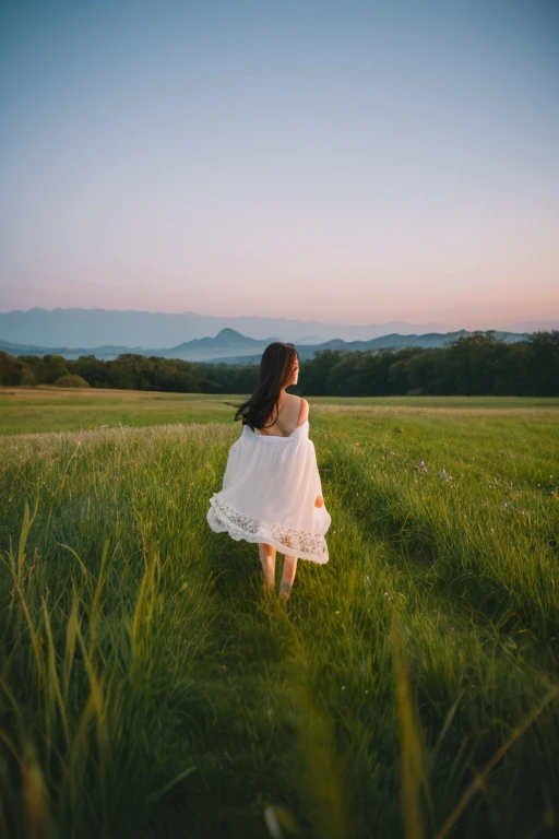 landscapes　Rear view of the girl　grass field　Mysterious star　natta　Emo