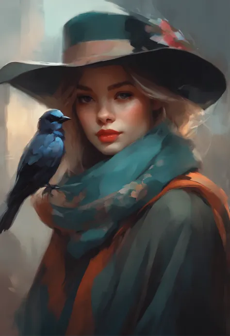 picture of a girl in a hat and scarf with a bird on her shoulder, artwork in the style of guweiz, beautiful character painting, guweiz, beautiful illustration,   ross tran 8 k