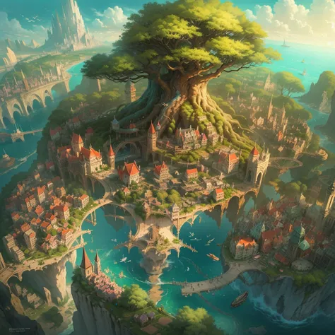 the farthest aerial view, an island in the sea, there is a huge spiritual tree on the island that is as huge as the world, here ...