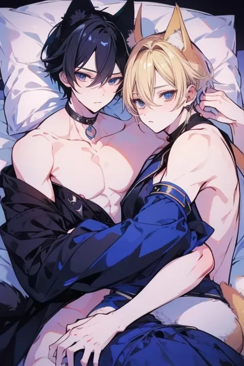 Unparalleled beauty,face perfect、a bedルーム、a bedに寝そべる、(2man,Gay Male Relationships),Perfect Eye、Blue Eye、 By Shinkai Makoto、Animal ears、Animal tail、a blonde and a black hair、Appearance when sleeping、a bed、