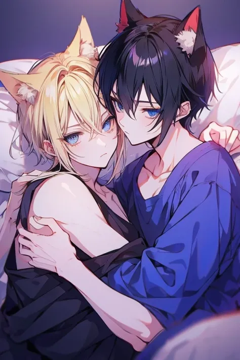 Unparalleled beauty,face perfect、Bedrooms、Lying in bed、(2man,Gay Male Relationships),Perfect Eye、Blue Eye、 By Shinkai Makoto、Animal ears、Animal tail、a blonde and a black hair、nightwear、もこもこのs Pajamas、warm、s Pajamas、What will it look like then?&#39;Sleeping...