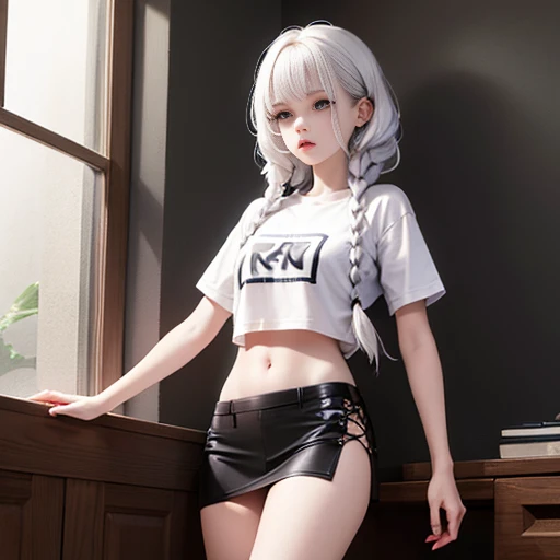 a girl with platinum hair, curly hair, double braids, serious expression, very short t-shirt, thin white t-shirt, visible belly, very short black mini skirt.