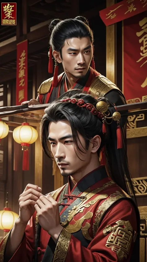 oriental、man in ancient chinese clothes、ancient chinese hairstyle man、three kingdom、multiple warlords、top-quality、​masterpiece、超A high resolution、(Photorealsitic:1.4)、Game Posters、Inside the building、