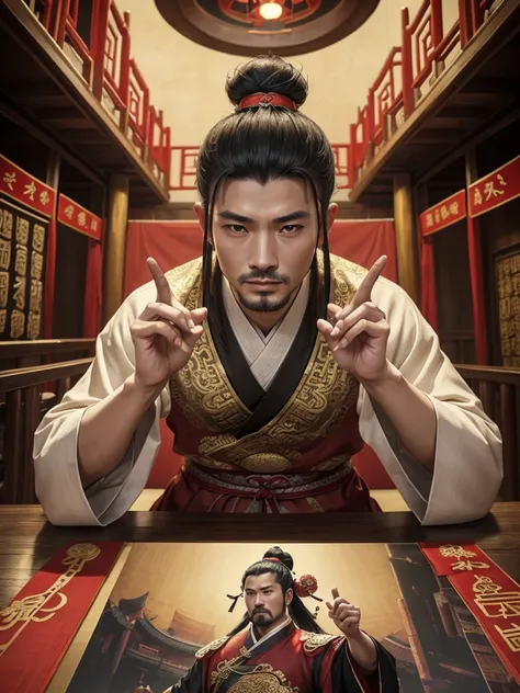 oriental、man in ancient chinese clothes、ancient chinese hairstyle man、three kingdom、multiple warlords、top-quality、​masterpiece、超A high resolution、(Photorealsitic:1.4)、Game Posters、Inside the building、