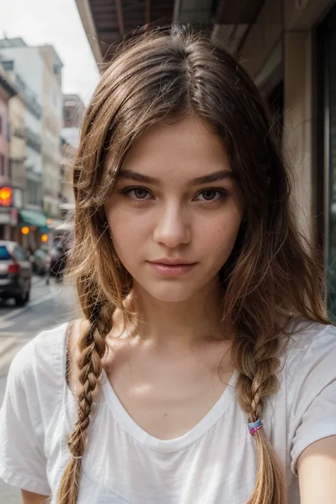 a 20 year old girl with blonde braided hair, in public, selfie, portrait