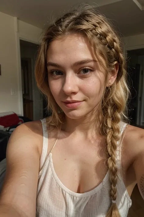 a 20 year old girl with blonde braided hair, selfie, portrait, looking proud and cheeky