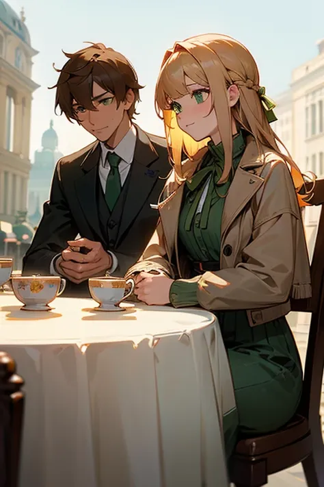 man and woman on a date. Americans and British. woman with blonde hair and green eyes.A man with brown hair and green eyes. Drinking tea in the square. There is a slight difference in body size. Two people. couple.woman with bangs. woman with tied hair. wo...