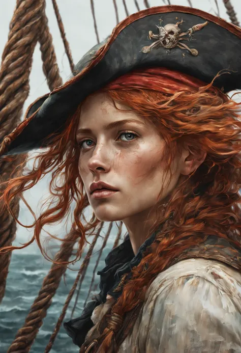 highly detailed linework reminiscent of Carne Griffiths, imbued with Wadim Kashims bold color and texture, light and airy as Carl Larssons compositions, old ship, black sails, pirate, captain, hat, red hair, wind, sea, motion, wind, heavy rain, featuring P...