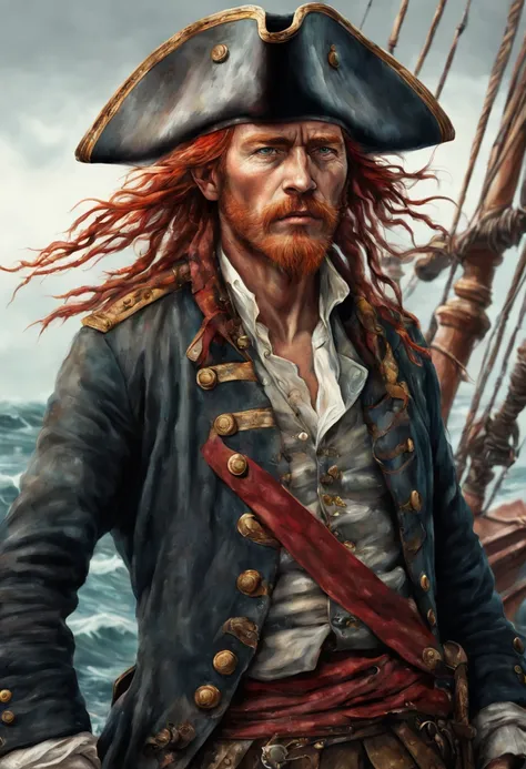 highly detailed linework reminiscent of Carne Griffiths, imbued with Wadim Kashims bold color and texture, light and airy as Carl Larssons compositions, old ship, black sails, pirate, captain, hat, red hair, wind, sea, motion, wind, heavy rain, featuring P...