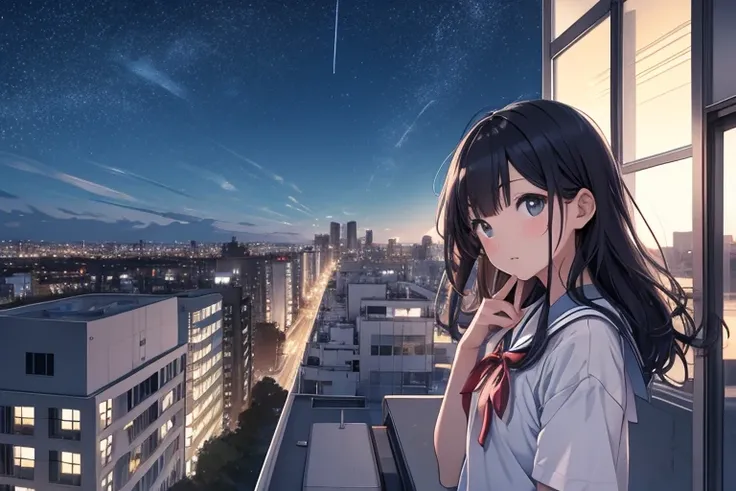 On the roof of a high-rise building、evening、hi-school girl、Stars to look at