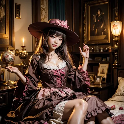 Ethnic、messy room、Turning around、Yumi Michishige、classic lolita fashion，All-brown dress、Swaying skirt、loose hair，dark pink hair color，wide-brimmed brown hat、dress with closed chest、Moody prince，A little erotic smile、Asian Taste、Candlelight、Butterflies are ...