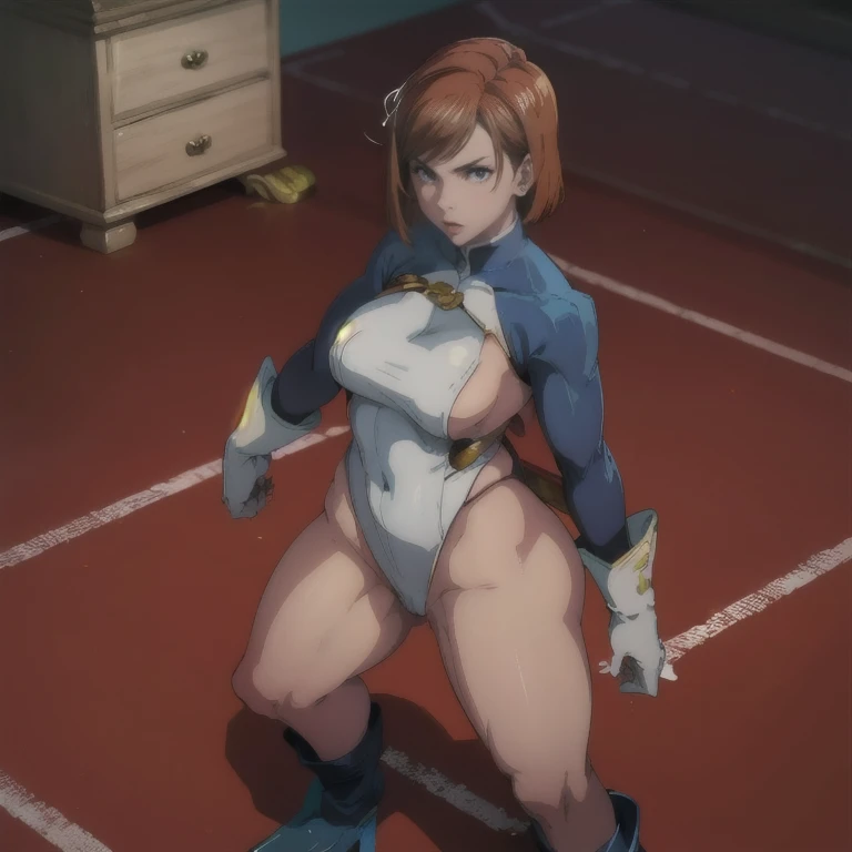 Nobara Kugisaki in Power Girl costume、25-years old、beautiful legs and big chest、Brown hair、short-hair、hight resolution、8K、A smile、エロ、Beautiful legs、White High Leg、blue boot gloves、Bite、Tall、Standing posture、Angle from the front、body、One lady