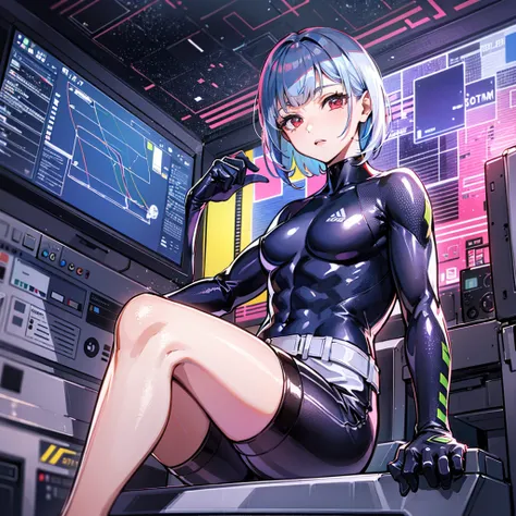 （（（​masterpiece、Top image quality、top-quality、highly detailed unity 8ｋwall-paper）））、（（Illustration of one girl））、（pilot）、（（（blue silver short hair）））、Red eyes、（（Tall））、（（（Muscle Girl、Muscular and strong body、abdominals、muscular and thick arms、muscular and ...