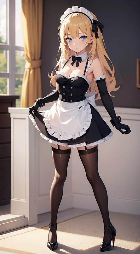 lewd, thighs, bedroom background, maid outfit, maid apron, blonde medium hair, mini skirt, high heels, black stockings,gloves, 1girl, blue eyes, absurdres, masterpiece, looking at viewer, small breasts, standing, wide shot, bare shoulders, bikini