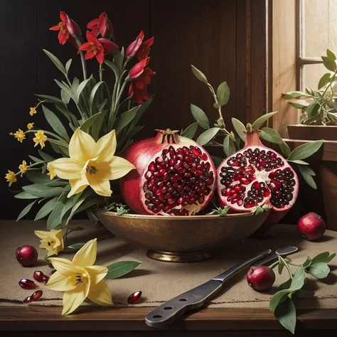 A pomegranate with 6 seeds spilling out surrounded by daffodils and Asphodel flowers