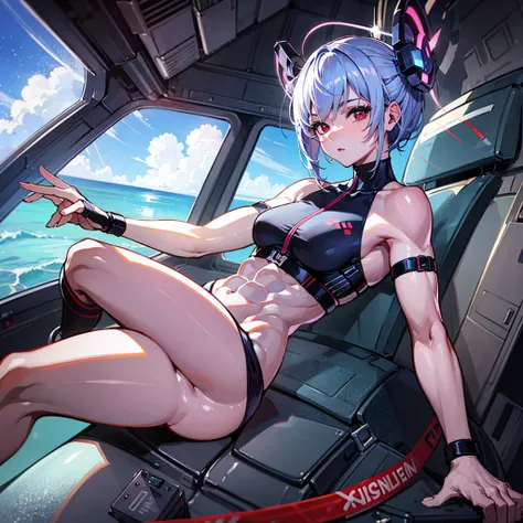 （（（​masterpiece、Top image quality、top-quality、highly detailed unity 8ｋwall-paper）））、（（Illustration of one girl））、（pilot）、（（（blue silver short hair）））、Red eyes、（（Tall））、（（（Muscle Girl、Muscular and strong body、abdominals、muscular and thick arms、muscular and ...