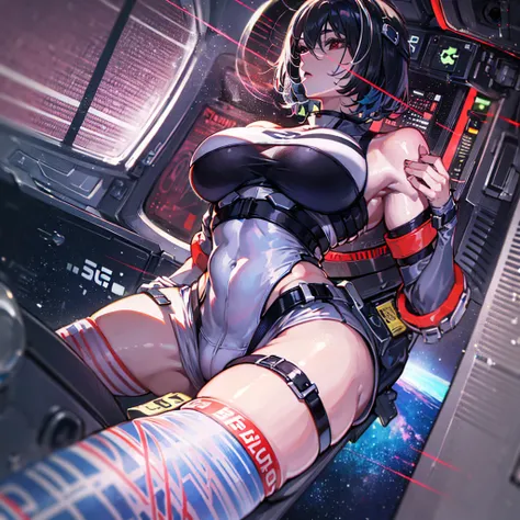 （（（​masterpiece、Top image quality、top-quality、highly detailed unity 8ｋwall-paper）））、（（Illustration of one girl））、（pilot）、（（（blue silver short hair）））、Red eyes、（（Tall））、（（（Muscle Girl、Muscular and strong body、abdominals、muscular and thick arms、muscular and ...