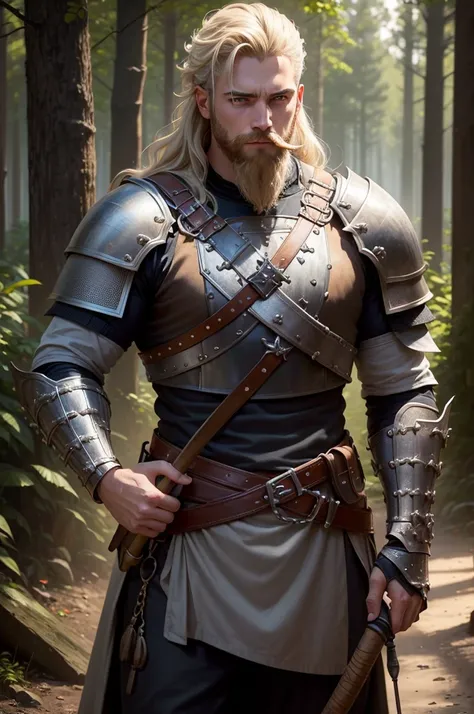 (best quality, highres, masterpiece:1.2), ultra-detailed, realistic:1.37, HDR, studio lighting, physically-based rendering, extreme detail description, professional, vivid colors, bokeh, portraits, forest, medieval, young man, knight, chainmail, short blon...