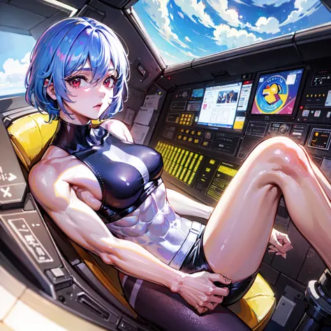 （（（​masterpiece、Top image quality、top-quality、highly detailed unity 8ｋwall-paper）））、（（Illustration of one girl））、（pilot）、（（（blue silver short hair）））、Red eyes、（（Tall））、（（（Muscle Girl、Muscular and strong body、abdominals、muscular and thick arms、muscular and ...