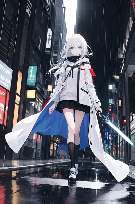 A girl with shoulder-length white hair,Wearing a white coat,Walking in the bustling city in the night rain.Holding a black and blue sword,is a perfect face,The blade of the sword hits the floor,Girl wearing black knee socks，The girl&#39;s legs are thin and...