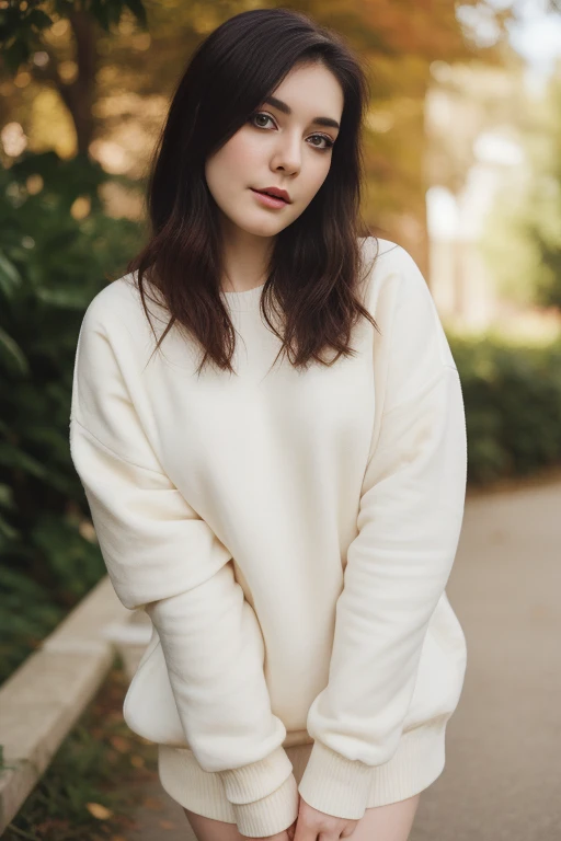 a close-up of an extremely beautiful, extremely realistic woman, with fair skin, pale gothic beauty, 20 year old western girl, black ink, pale skin!, happy look, pale white skin, skin pale light!!, wonderful short dark hair. wearing a big black sweatshirt