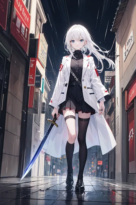 A girl with shoulder-length white hair,Wearing a white coat,Walking in the bustling city in the night rain.Holding a black and blue sword,The hilt and blade of the long sword are in the same straight line, which is a perfect face,The blade of the sword hit...