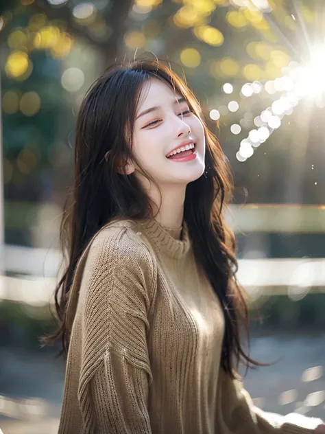 girl with、cosy sweater on、The upper part of the body、(Huge laughter:1.1)、(Opening Mouth:1.1)、(widely opened eyes:1.2)、Sun glare、bokeh dof、Depth of Field Background、Particles of light、heavy wind、(Heart particles:1.1)、Priestess costume、redhair、brown tight cl...