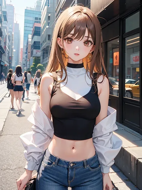 20 years girl, 1girl in,  Anime style, skinny body, Anime young girl wearing a white crop top, Skinny Jeans Pants, cabelos preto e longos, Brown-eyed, Photo collection of cute poses, Straight down the street of the tower, Anime Art Wallpapers, A detailed, ...