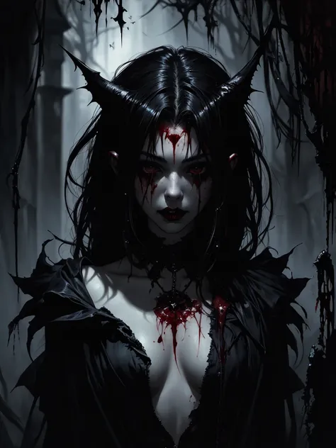 beautiful dark female face, surrealistic, noir, bloody, dark hair, vampire style, dark mood, royo, splash art