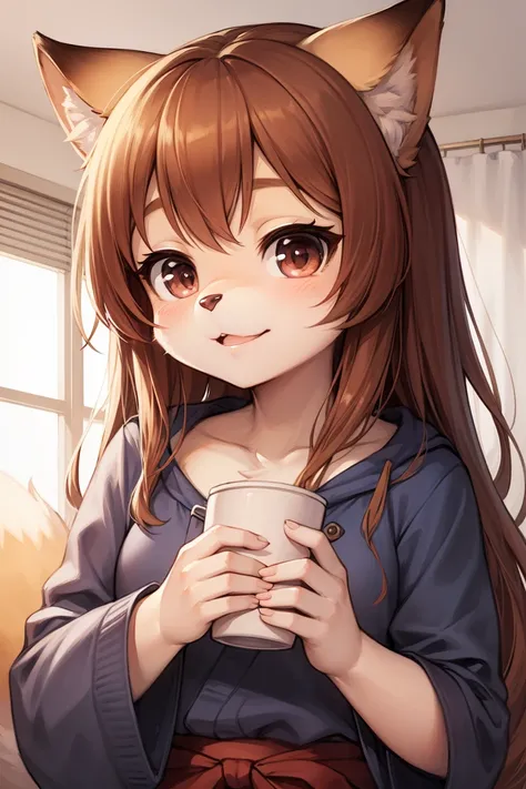 (furry art:1.5),There is a young fox girl holding a cup of coffee in her hands, Cute and delicate face of girl, Cute and natural anime face, Has a cute and delicate face, sakimi chan, chiho, 奈良美智, Young and cute face, beautiful Japanese girl face, brown ha...