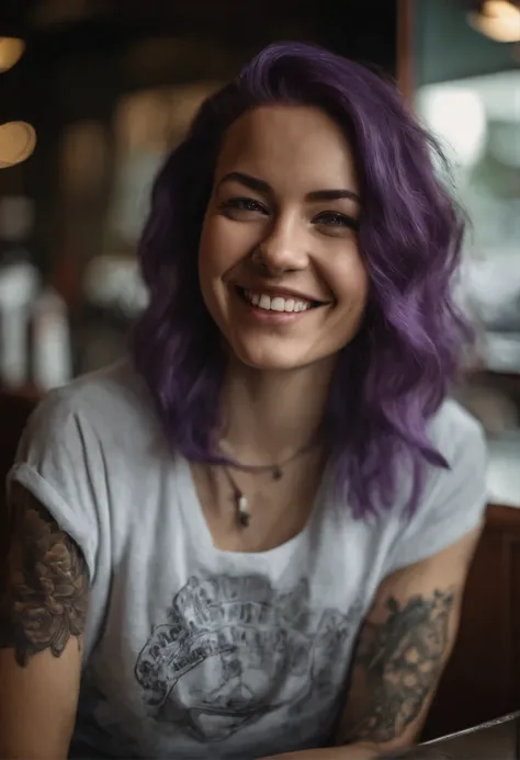 street photography photo of a young woman with purple hair, smile, happy, cute t-shirt, tattoos on her arms, sitting in a 50s diner