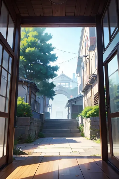 There is a photo at the door，There is a sign on it, Anime landscapes, anime backgrounds, anime backgrounds艺术, beautiful anime scenery, beautiful anime scenes, Anime beautiful peaceful scene, anime scene, anime movie backgrounds, random background scene, Pa...