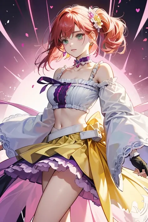 Saki has tanned skin and shoulder length auburn hair with her bangs worn back with a yellow cross-shaped accessory and a pink hair-clip. She wears a fuchsia dress with purple navel and shorts. The top resembles a blouse with white lining and collar, and pa...