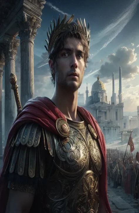 a close up of a man in a roman costume standing in front of a city, roman emperor, caesar victorious, alexander the great, magali villeneuve, portrait of achilles, inspired by Roman Bezpalkiv, by Kerembeyit, portrait of homelander, portrait of emperor of m...