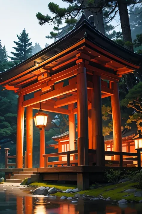 (best quality,4k,8k,highres,masterpiece:1.2),ultra-detailed,(realistic,photorealistic,photo-realistic:1.37),silent and mysterious forest at night, small shrine in the center, intricate details of the shrine, torii gate in the background, tranquil forest ni...