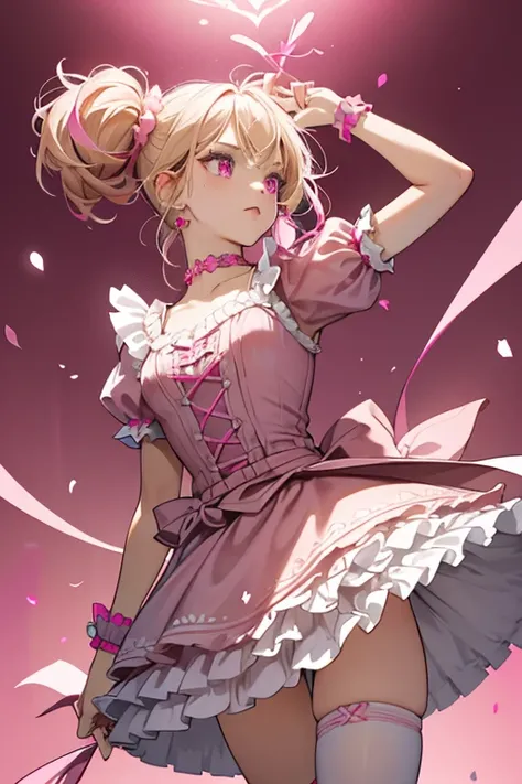 she has dark pink eyes  and  light blonde, growing out to thigh-length but worn in the same style, her scrunchies replaced by hot pink hearts with two chains. She also gains hot pink upside-down heart earrings and a dark pink choker. She wears a white ruff...