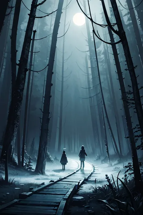 In the dark forest under the full moon, a feeble wooden bridge, horror setting, pitch-black night environment, in the heart of the dark forest, night in the woods, chilling background, anime scenario, background with (dark _ smoky) atmosphere, eerie forest...