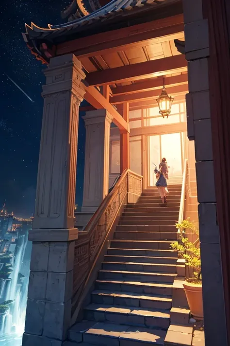 通往大楼的石stairways夜景, Mysterious temple setting, during night视频, anime backgrounds, during night, anime scene, Starry sky environment in moonlight, stairways, beautiful anime scenes, anime backgrounds艺术, cutscene clip, In-game footage, In-game footage, stairw...