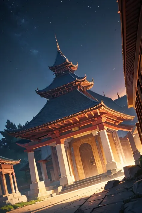 (best quality,4k,8k,highres,masterpiece:1.2),ultra-detailed,(realistic,photorealistic,photo-realistic:1.37),mysterious temple setting,nighttime video,anime background,nighttime,anime scene,moonlit starry sky environment,staircase,beautiful anime scenes,ani...