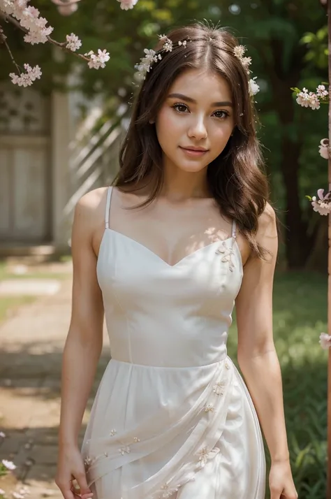 woman in a stunning white dress adorned with delicate blossoms and feathers, touch of elegant look, posing in natural surroundings, serene and captivating atmosphere, flawless makeup and hairstyle, masterpiece, photo-realistic, super detail, innocent face,...