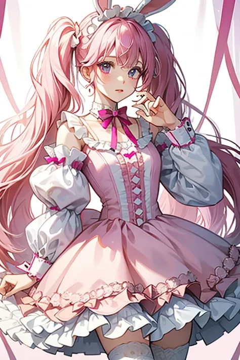 her eyes brighten while her hair grows longer and turns light pink, worn in a pair of curled twin-tails held with small braids. She wears a white headband with a magenta rabbit-ear bow and heart, a ribbon choker, and heart earrings with a pale pink heart h...