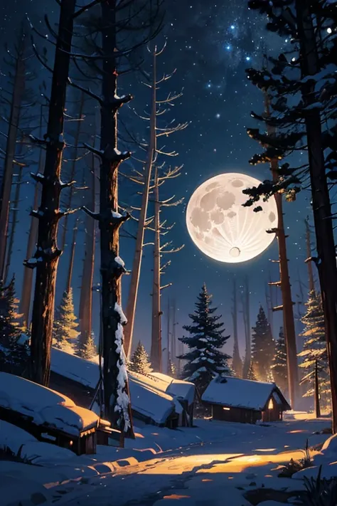 Night scene with full moon and new moon in the sky, Quiet forest night scene, forest and moon, moonlit forest, moonlit forest environment, night in the forest, Nocturnal forest, Night forest background, anime backgrounds, night time moonlight, anime lush j...